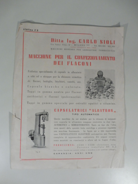 Ditta Ing. Carlo Sioli. Macchine per il confezionamento dei flaconi. Pieghevole pubblicitario